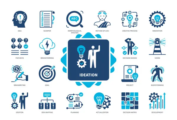 Ideation Icon Set Scamper Five Whys Brainstorming Idea Mapping Body Royalty Free Stock Vectors
