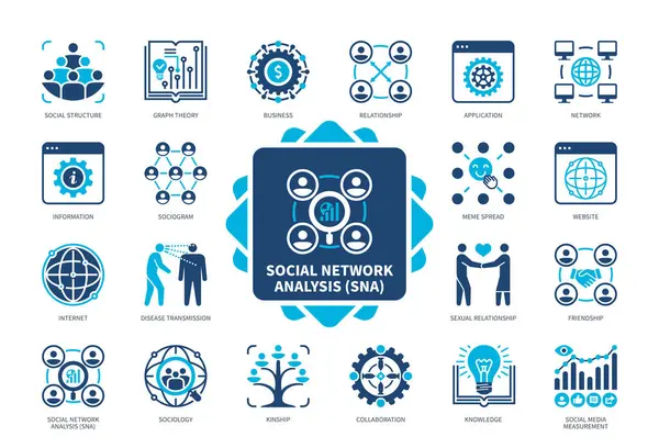 Набор Значков Социальной Сети Социограмма Аппликация Теория Графов Meme Spread Стоковая Иллюстрация