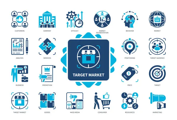 Target Market Icon Gesetzt Unternehmen Verbraucher Effektivität Marktsegmentierung Ziel Marketing lizenzfreie Stockillustrationen