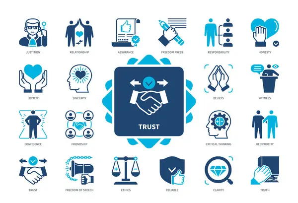 Vertrauenssymbole Gesetzt Vertrauen Pressefreiheit Verlässlichkeit Aufrichtigkeit Ehrlichkeit Freundschaft Kritisches Denken Vektorgrafiken