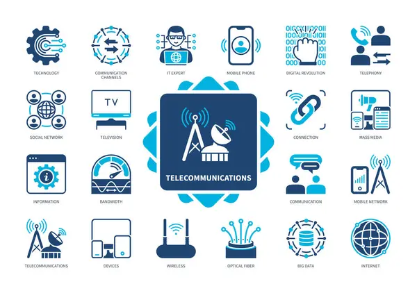Telekommunikationsikone Gesetzt Bandbreite Glasfaser Internet Massenmedien Mobiltelefon Telefonie Fernsehen Mobilnetz Stockvektor