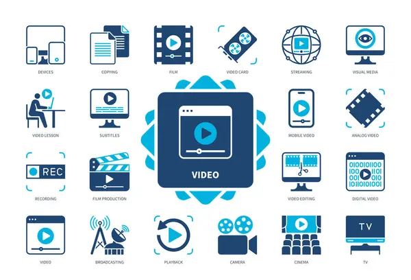 Video Simgesi Seti Cihazlar Video Düzenleme Altyazılar Film Yapımı Sinema Telifsiz Stok Vektörler