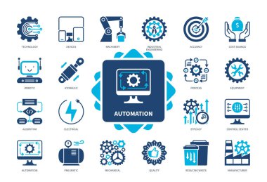 Otomasyon simgesi ayarlandı. Makine, Ekipman, Mekanik, Hidrolik, Pnömatik, Elektrik, Teknoloji, Cihazlar. Duotone renk katı simgeleri