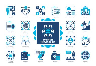 Business Networking simgesi seti. İlişki, Bağlantı, Deneyim, Konferans, Çevrimiçi Platformlar, Fırsatlar, Strateji, Kariyer. Duotone renk katı simgeleri