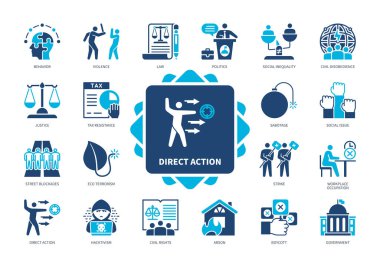 Direct Action icon set. Violence, Hacktivism, Strike, Sabotage, Arson, Eco Terrorism, Tax Resistance, Law. Duotone color solid icons clipart