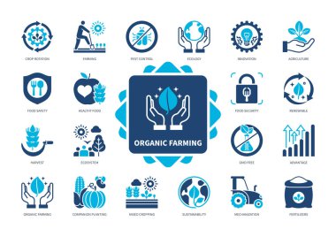 Organic Farming icon set. Ecology, Pest Control, Agriculture, Fertilizers, Mixed Cropping, Harvest, Ecosystem, Sustainability. Duotone color solid icons clipart