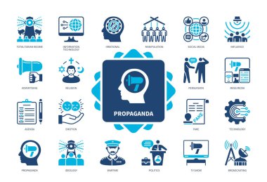 Propaganda ikonu hazır. Etki, Mantıksızlık, İkna, Sahte, Garanti, Gündem, İdeoloji, Din. Duotone renk katı simgeleri