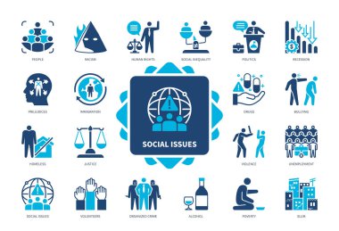 Sosyal sorunlar simgesi seti. Zorbalık, Yoksulluk, Şiddet, Göçmenlik, Alkol, Uyuşturucu, İşsizlik, Sosyal Eşitsizlik. Duotone renk katı simgeleri
