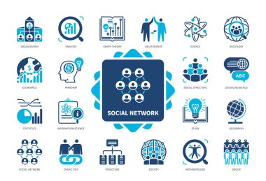 Sosyal Ağ simgesi seti. Dyadic Ties, Sociolinguistics, Paradigm, Yapı, Bilgi Bilimi, Analiz, İstatistik, İlişki. Duotone renk katı simgeleri