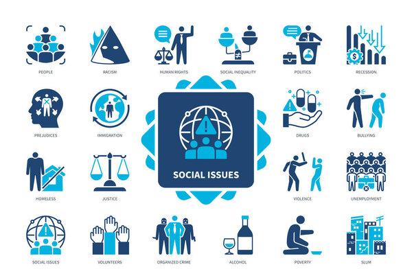 Набор значков социальных проблем. Буллинг, поверность, насилие, иммиграция, алкоголь, драки, неравенство, социальное неравенство. Цвет дуотона твердый