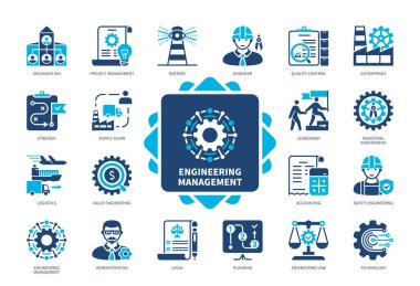 Engineering Management icon set. Engineer, Enterprises, Supply Chain, Quality Control, Administration, Planning, Logistics, Value Engineering. Duotone color solid icons clipart