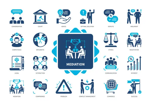 stock vector Mediation icon set. Compromise, Dispute, Negotiation, Diplomatic, Advice, Optimal Solution, Competence, Success. Duotone color solid icons