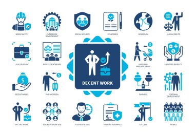 Düzgün çalışma simgesi seti. Çalışma Güvenliği, Standartlar, Ücretli Tatil, Adalet, İnsanlar, Göç, Makul Maaşlar, Personel Yardımları. Duotone renk katı simgeleri