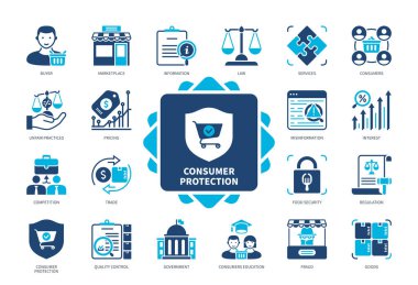 Tüketici koruma simgesi ayarlandı. Piyasa, Alıcı, Rekabet, Ticaret, Tüketici Eğitimi, Dolandırıcılık, Düzenleme, Hukuk. Duotone renk katı simgeleri