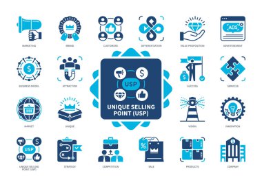 Eşsiz Satış Noktası USP simgesi seti. Reklam, İnovasyon, Vizyon, Cazibe, Marka, Rekabet, Satış, Şirket. Duotone renk katı simgeleri