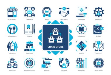 Zincir Mağaza simgesi seti. Tüketiciler, Markalar, Düzenleme, Yemek Pazarları, Rekabet, Bayilik, Strateji, Dağıtım. Duotone renk katı simgeleri