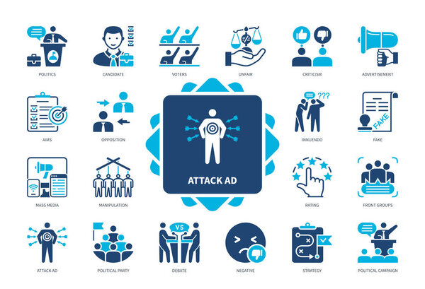 Attack ad icon set. Candidate, Innuendo, Rating, Negative, Mass Media, Debate, Voters, Front Groups. Duotone color solid icons