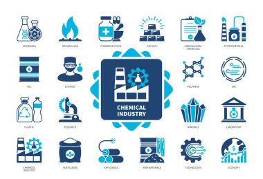 Chemical Industry icon set. Polymers, Minerals, Metals, Pharmaceutical, Petrochemical, Chemist, Fertilizers, Technology. Duotone color solid icons clipart