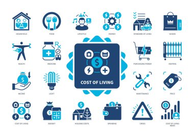 Canlı simge seti maliyeti. Gıda, Sağlık, Bakım, Isıtma, Harcama, Enerji, Yaşam Standardı, Gelir. Duotone renk katı simgeleri