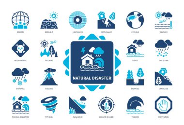 Doğal Afet ikonu seti. Dolu, Tayfun, Heyelan, Volkan, Avalanche, Sıcak Dalgaları, Tsunami, Deprem. Duotone renk katı simgeleri