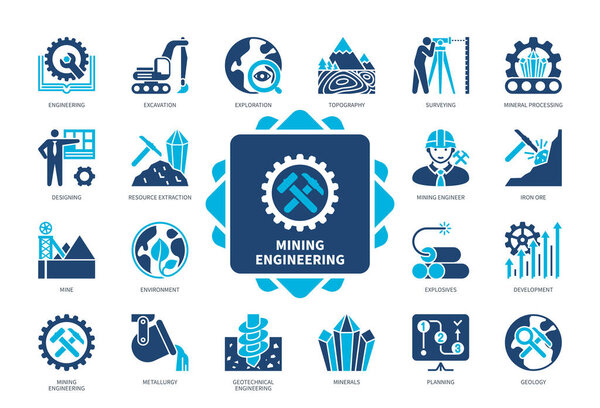 Набор значков горнодобывающей промышленности. Геологоразведка, геодезия, инженерия, геодезия, добыча полезных ископаемых, геотехника, железная руда, металлургия. Цвет дуотона твердый