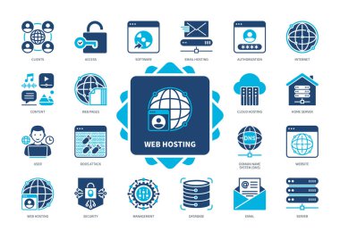 Web sunucu simgesi seti. Bulut Sunucu, Erişim, Kullanıcı, Güvenlik, Veritabanı, Sunucu, Web Sitesi, Ddos Saldırısı. Duotone renk katı simgeleri