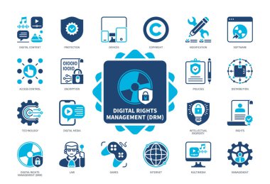 Dijital Haklar Yönetimi DRM simgesi ayarlandı. Koruma, Değiştirme, Şifreleme, Haklar, Yazılım, Dijital Medya, Oyunlar, Hukuk. Duotone renk katı simgeleri