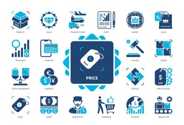 Fiyat simgesi ayarlandı. Para, Hizmetler, Ürün, Maliyet, Satış, Arz ve Talep, Pazar, Değer. Duotone renk katı simgeleri