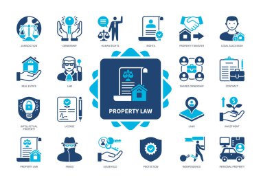 Emlak Kanunu simgesi ayarlandı. Yargı, Leasehold, Emlak, Sahiplik, Kontrat, Dolandırıcılık, Kişisel Mülkiyet, Hukuk. Duotone renk katı simgeleri