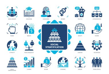 Sosyal Stratification simgesi seti. Cinsiyet, insan ırkı, zenginlik, sınıflar, gelir, yakınlık, sosyal eşitsizlik, Stratum. Duotone renk katı simgeleri