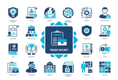 Trade Secret icon set. Competition, Rights, Project, Ownership, Espionage, Confidentiality, Business, Company. Duotone color solid icons clipart