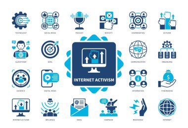 Internet Activism icon set. Communication, Boycott, Organizing, Resistance, Slacktivism, Influence, Social Media, Fundraising. Duotone color solid icons