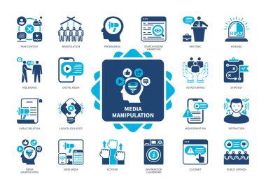 Medya Yönlendirme simgesi ayarlandı. Astroturfing, sahte içerik, dikkat dağıtma, tıklama, yanlış bilgi, eylemcilik, hitabet. Duotone renk katı simgeleri