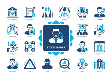 Borsa simgesi seti. Mal varlığı, hissedar, kar, analist, dolandırıcı, güvenlik, borsacı, müşteriler. Duotone renk katı simgeleri