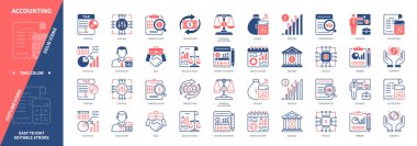 Muhasebe simgesi ayarlandı. Gelir beyannamesi, İstatistik, İşlem, Denge Sayfası, Bütçe, Gelir Vergisi, Fintech. Duotone rengi katı ve düzenlenebilir dış hat simgeleri