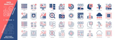 Veri Analitik simgesi ayarlandı. Yapı, Öngörü Analitiği, Makine Öğrenme, Bulut Hesaplama, Sunucu, Siber Güvenlik. Duotone rengi katı ve düzenlenebilir dış hat simgeleri