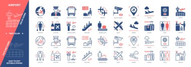 Havaalanı simgesi ayarlandı. Uçuş, Duty Free, İniş, Gümrük, Kayıt, Hava Yolları, Bagaj, Güvenlik Kameraları. Duotone rengi katı ve düzenlenebilir dış hat simgeleri