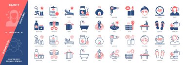 Güzellik ikonu ayarlandı. Masaj, sauna, sağlıklı yaşam tarzı, güneş banyosu, güzellik kremi, parmak arası terlik, havlu, ruj, kuaför. Duotone rengi katı ve düzenlenebilir dış hat simgeleri