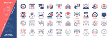 Marka simgesi seti. Ürün, İndirim, Şirket, Yenilik, Tasarım, Tüketiciler, Pazarlama, Dağıtım. Duotone rengi katı ve düzenlenebilir dış hat simgeleri