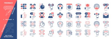 Geri bildirim simgesi ayarlandı. Etki Etkisi, Sosyal Medya, Derecelendirme, Destek, Anket, E- posta, Düşünce, Hızlı Tepki. Duotone rengi katı ve düzenlenebilir dış hat simgeleri