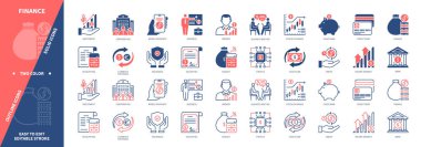 Finans simgesi ayarlandı. Menkul Kıymetler, Sigorta, Borsa, İş, Piggy Bank, Muhasebe, Yatırım. Duotone rengi katı ve düzenlenebilir dış hat simgeleri