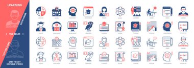 Simge seti öğreniliyor. Okul, Ders, Bilgi, Kütüphane, Öğrenci, Sınıf, Öğretmen. Duotone rengi katı ve düzenlenebilir dış hat simgeleri