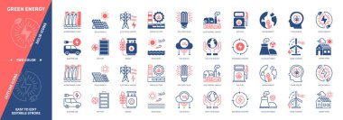 Yeşil Enerji simgesi seti. Nükleer Güç, Güneş Panelleri, Rüzgar Türbini, Batarya, Biyogaz, Jeotermal Enerji. Duotone rengi katı ve düzenlenebilir dış hat simgeleri