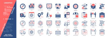 Lojistik simge seti. Teslimat, Route, Depo, Forklift, Kargo, Planlama, Tedarik Zinciri, Envanter. Duotone rengi katı ve düzenlenebilir dış hat simgeleri