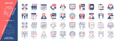 Buluşma simgesi ayarlandı. Sunum, Tartışma, Tarih, Çevrimiçi Konferans, Bağlantılar, Eğitim, Zamanlama. Duotone rengi katı ve düzenlenebilir dış hat simgeleri