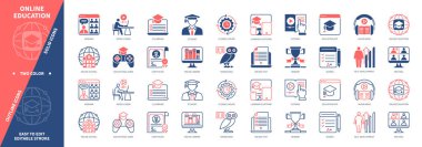 Çevrimiçi Eğitim simgesi seti. Ders, Video Dersleri, Çevrimiçi Okul, Geliştirme, Webinar, Çevrimiçi Kütüphane, Sertifika, Puanlar. Duotone rengi katı ve düzenlenebilir dış hat simgeleri