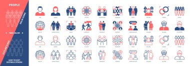 İnsan simgesi seti. İnsan, Erkek, Kadın, Çocuklar, Yaşlılar, Aile, Liderlik, Toplum, Konuşma. Duotone rengi katı ve düzenlenebilir dış hat simgeleri