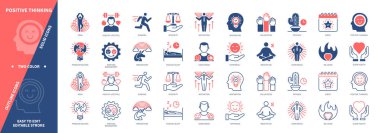 Pozitif düşünme ikonu seti. Duygusal Yönetim, Sağlıklı Yaşam Tarzı, Özgüven, Hayal gücü, İyi Rüya, Yoga, Meditasyon. Duotone rengi katı ve düzenlenebilir dış hat simgeleri