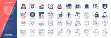 Güvenlik simgesi ayarlandı. Şifre, parmak izi, güvenlik duvarı, detektör, güvenlik kamerası, hacker, siber güvenlik. Duotone rengi katı ve düzenlenebilir dış hat simgeleri