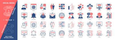 Sosyal medya simgesi seti. Blogculuk, Sohbet, Web sitesi, Trend, Pazarlama, Paylaşımcılık, Etkilendirici. Duotone rengi katı ve düzenlenebilir dış hat simgeleri